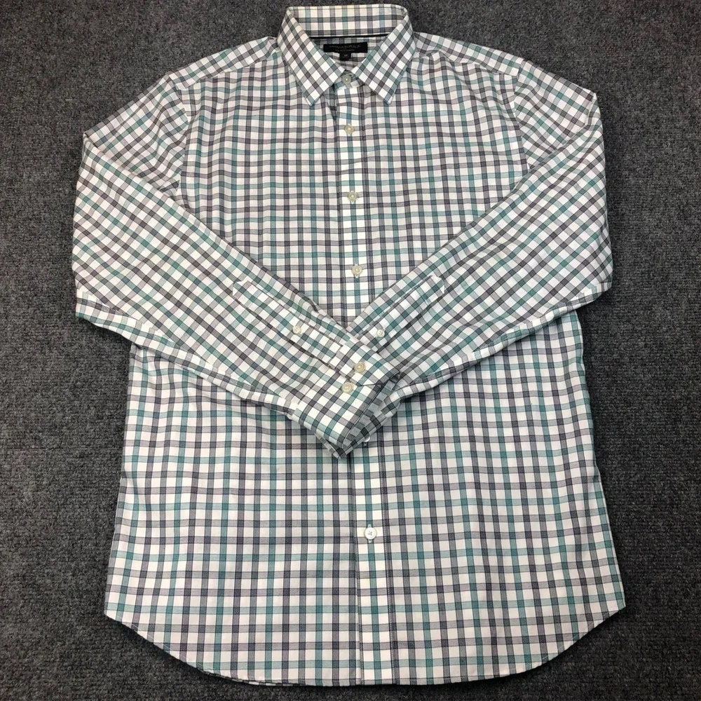 Banana Republic Mens Size Medium Slim Fit Plaid Button Down Shirt Teal Navy Blue